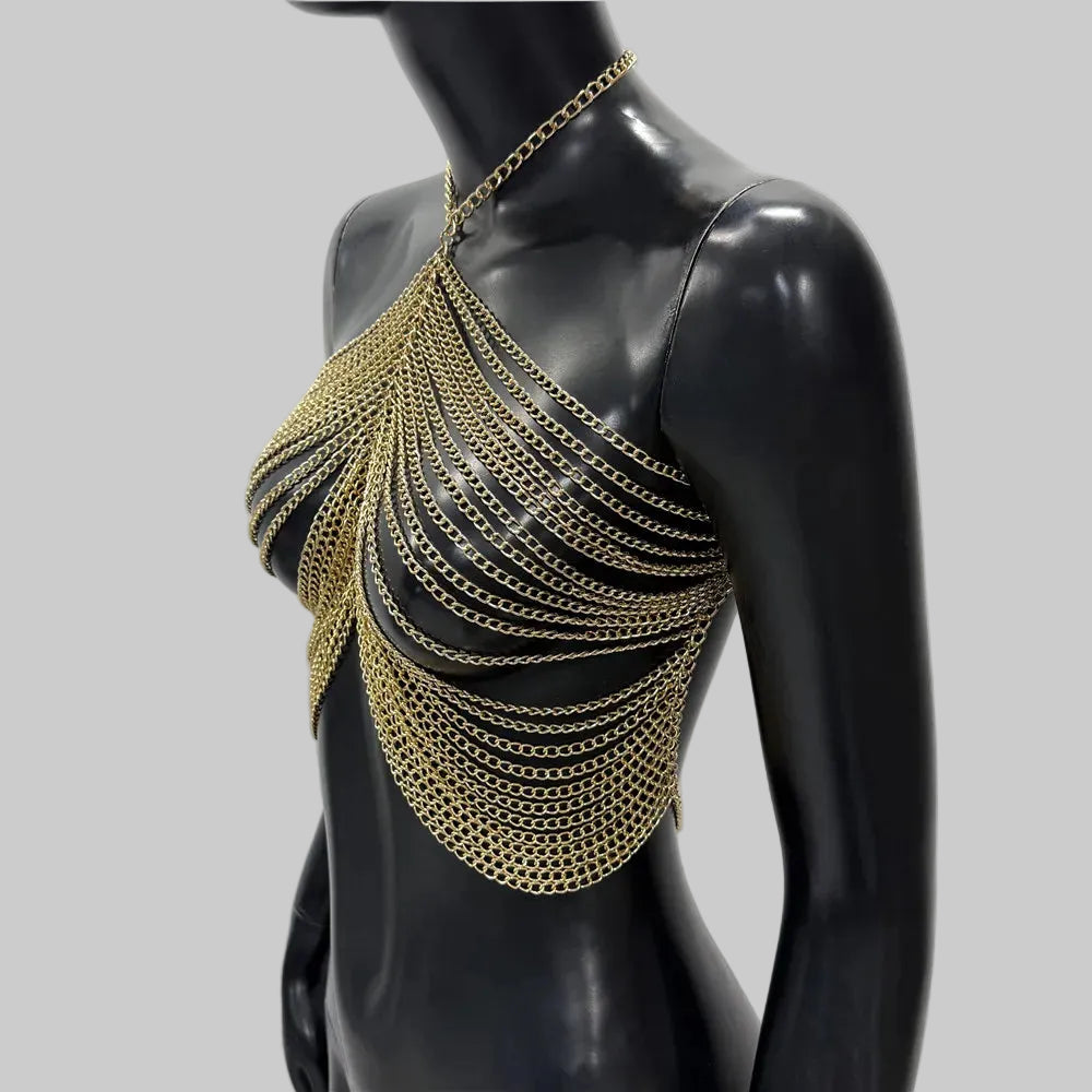 Metal Chain Tassel Halter Crop Top - Sheer Backless Camisole