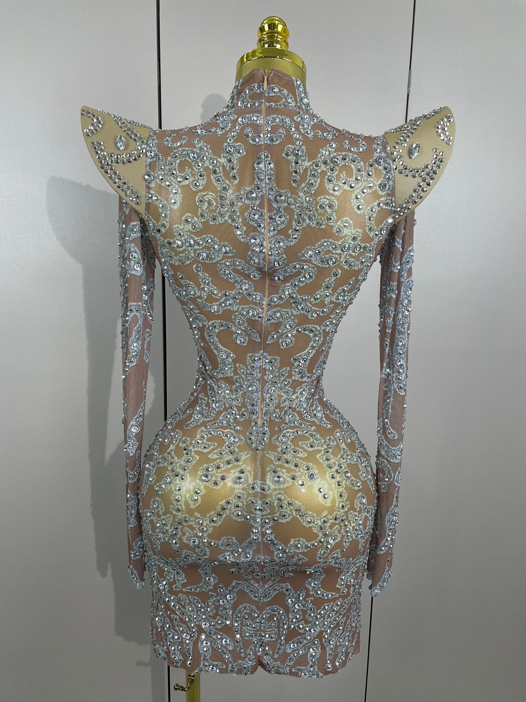 Rhinestone Mesh Mini Dress | Long Sleeve | Singer Stage