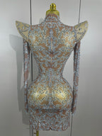 Rhinestone Mesh Mini Dress | Long Sleeve | Singer Stage