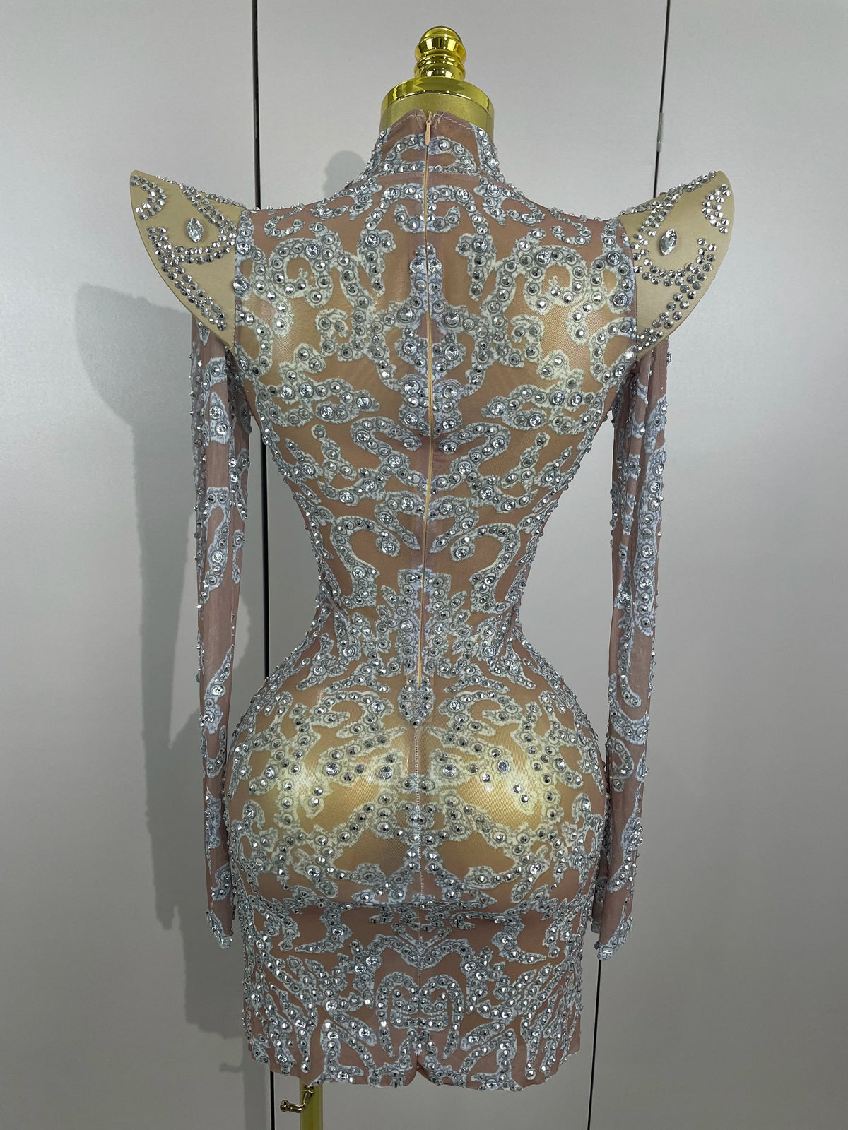 Rhinestone Mesh Mini Dress | Long Sleeve | Singer Stage