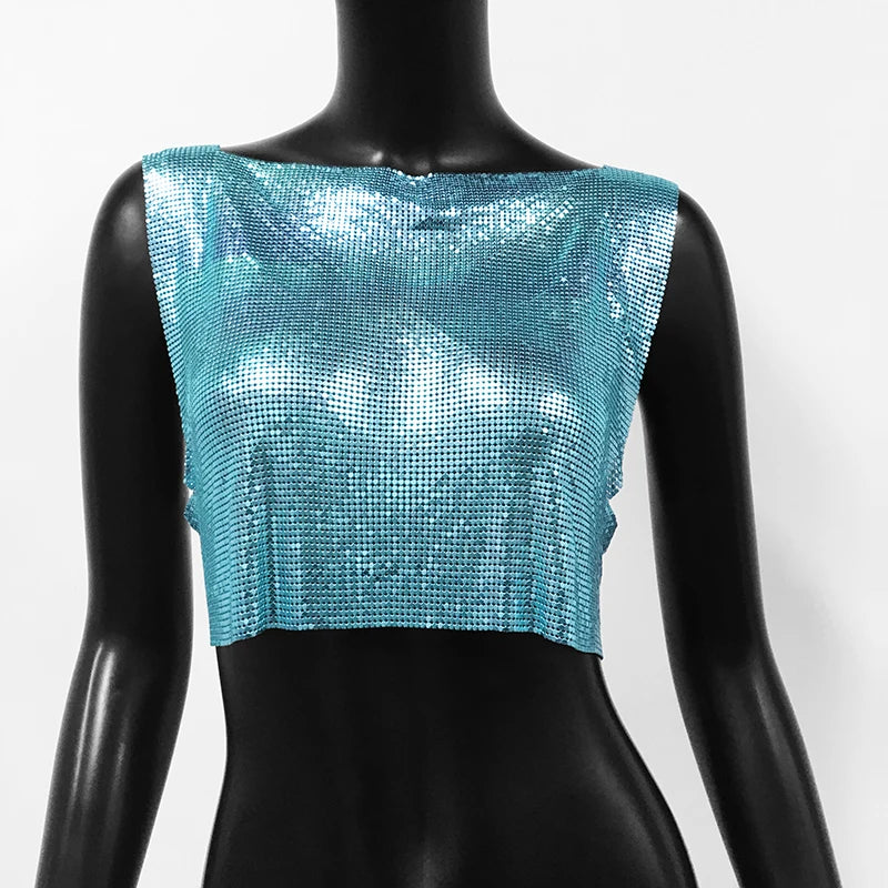 Handmade Metal Sequin Backless Crop Top