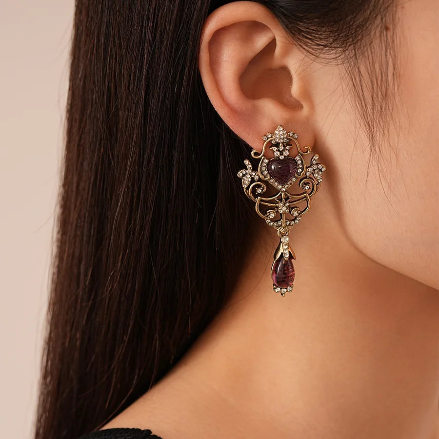 Antique Gold Filigree Drop Earrings | Ruby Crystal