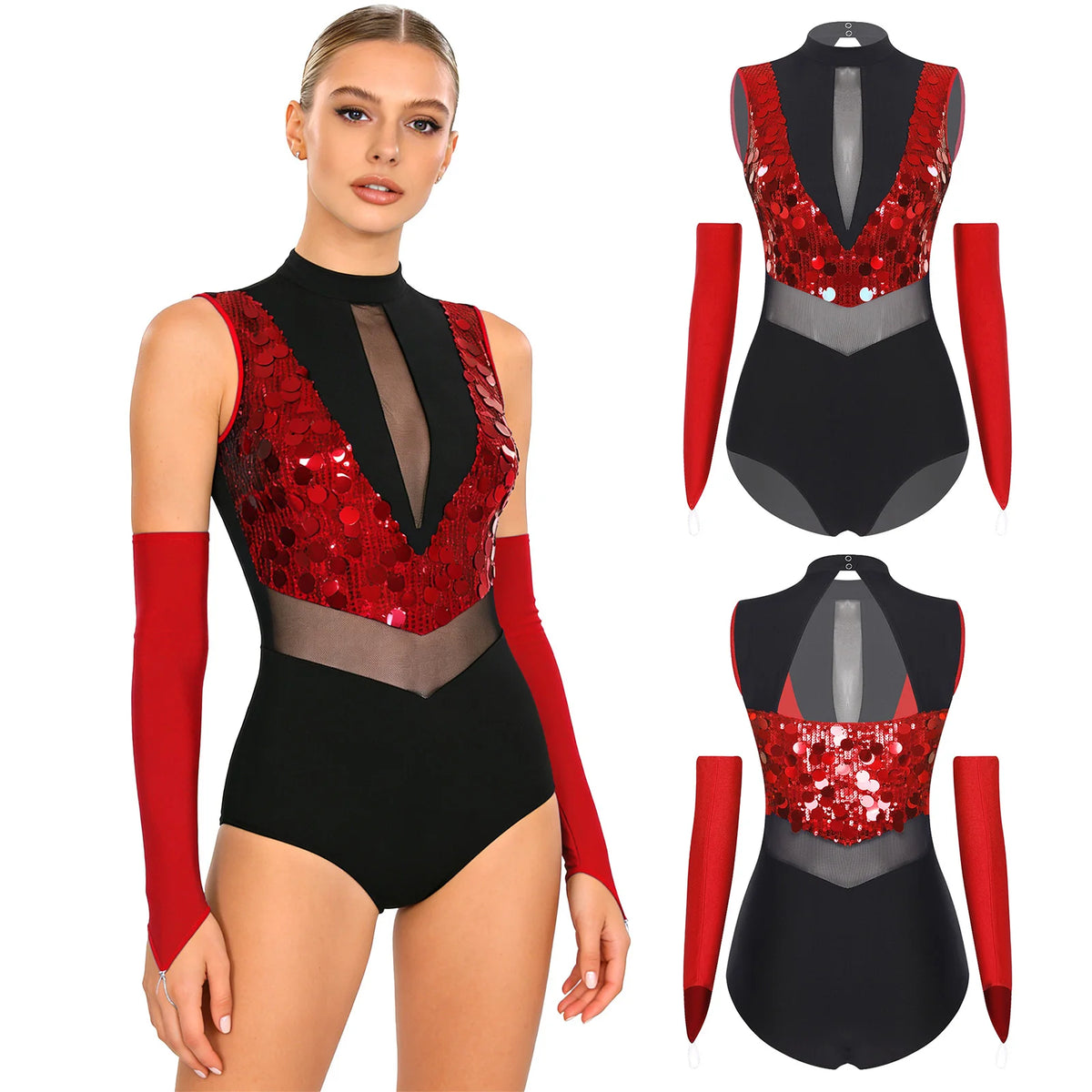 Women's Sequin Dance Leotard | Mock Neck & Sheer Mesh Waist | Includes Arm Sleeves
