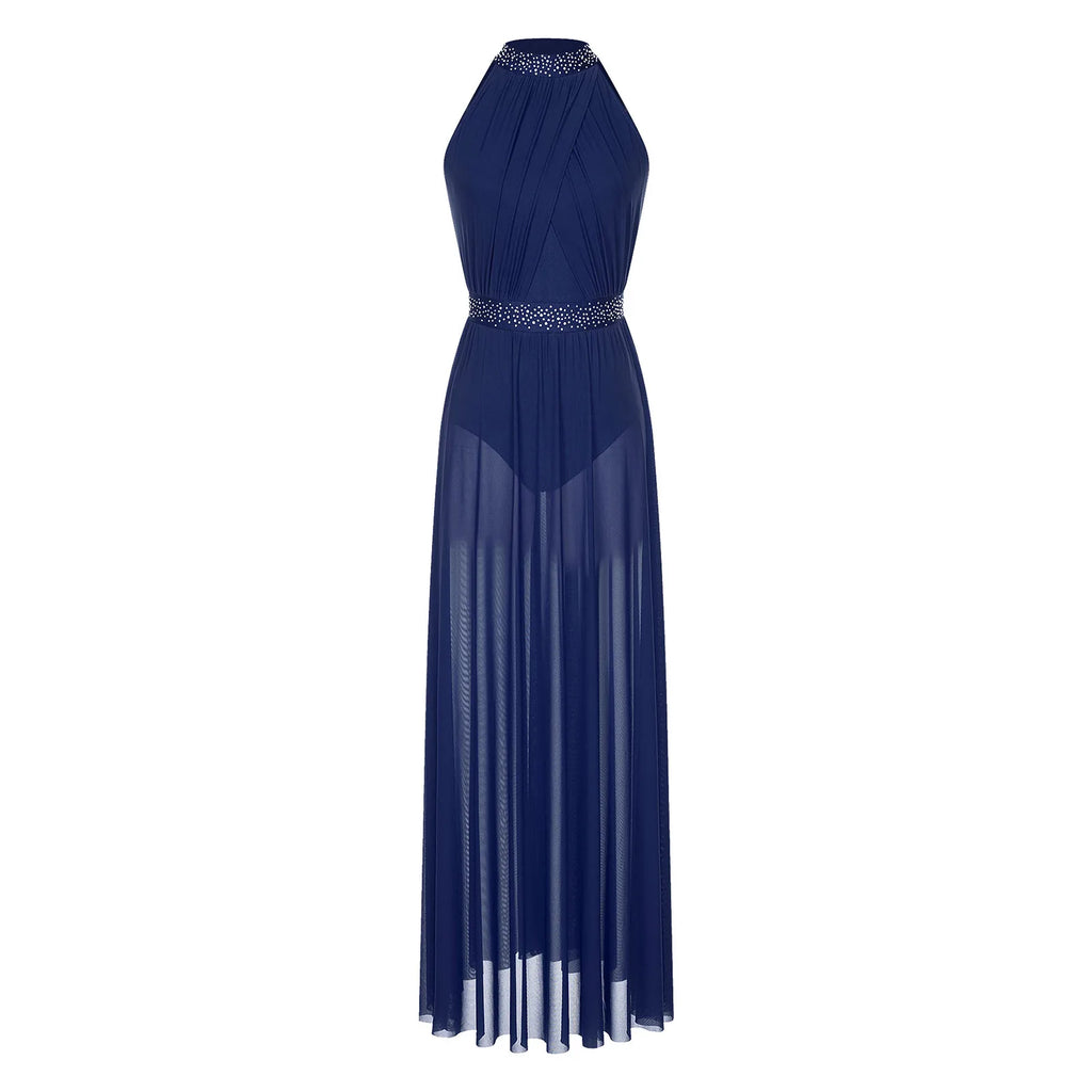 Women's Spaghetti Strap Lyrical Dance Dress | Built-In Leotard & Sheer Mesh Maxi Skirt | Front Slit