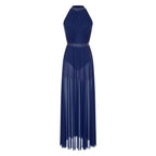 Women's Spaghetti Strap Lyrical Dance Dress | Built-In Leotard & Sheer Mesh Maxi Skirt | Front Slit