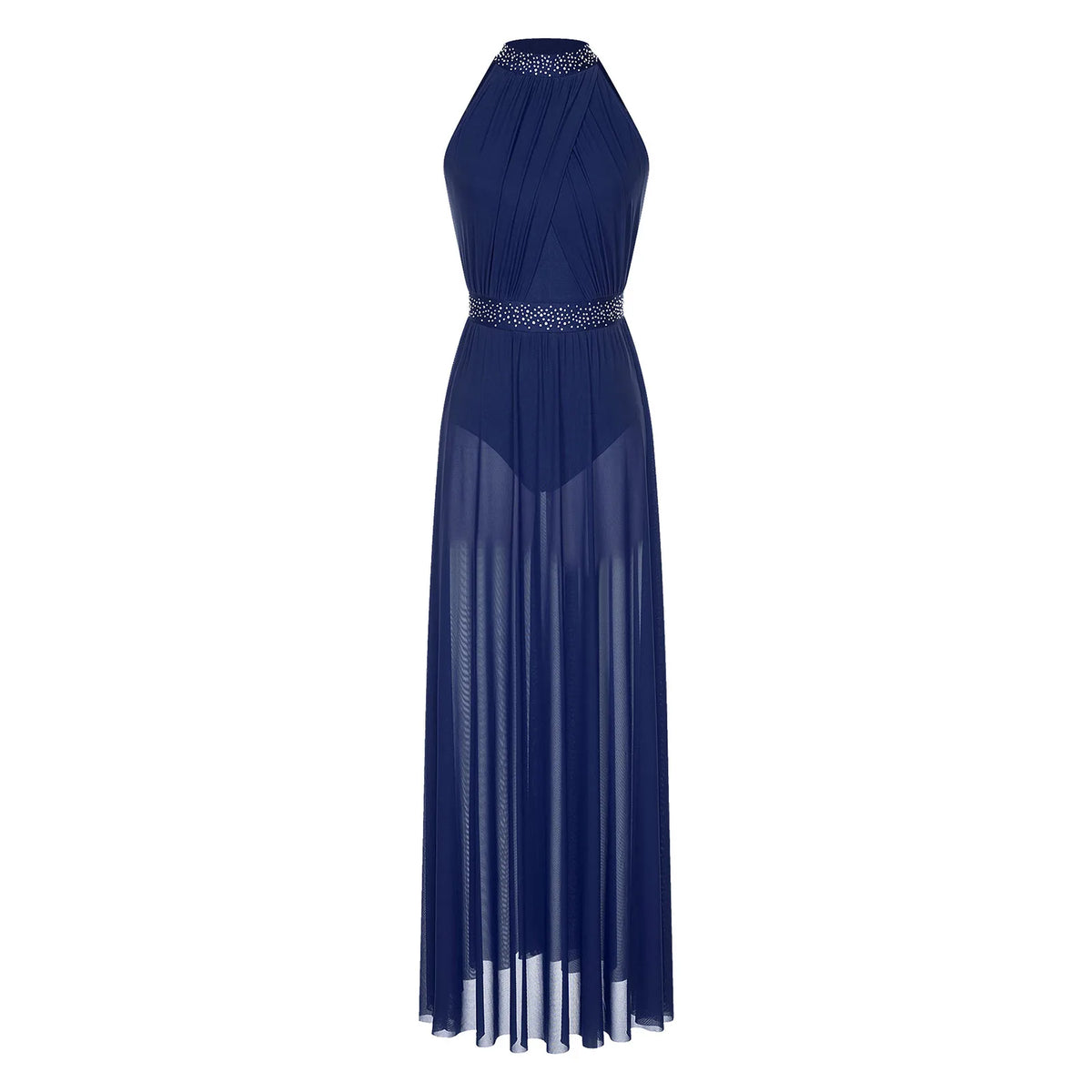 Women's Spaghetti Strap Lyrical Dance Dress | Built-In Leotard & Sheer Mesh Maxi Skirt | Front Slit