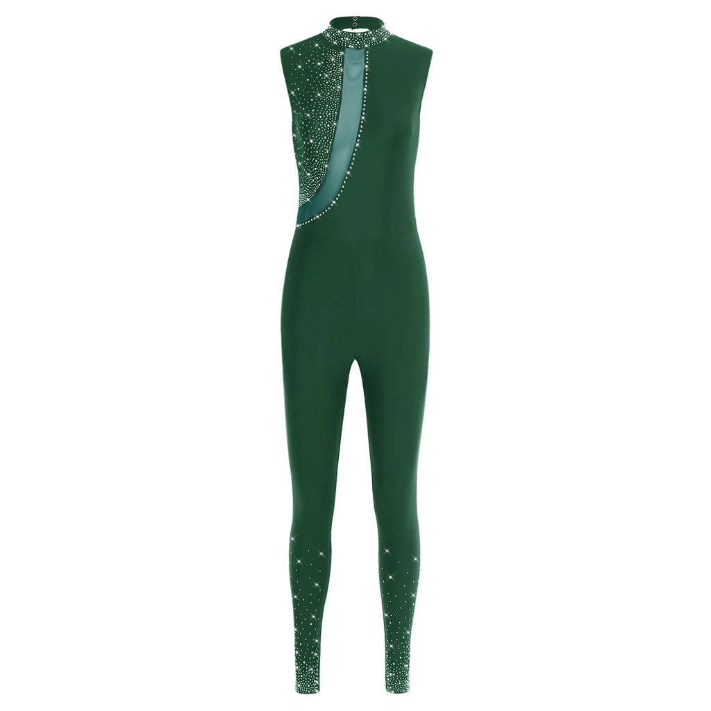 Women's Rhinestone Gymnastics Unitard | Mesh Patchwork & Asymmetric Shoulder | Performance Jumpsuit