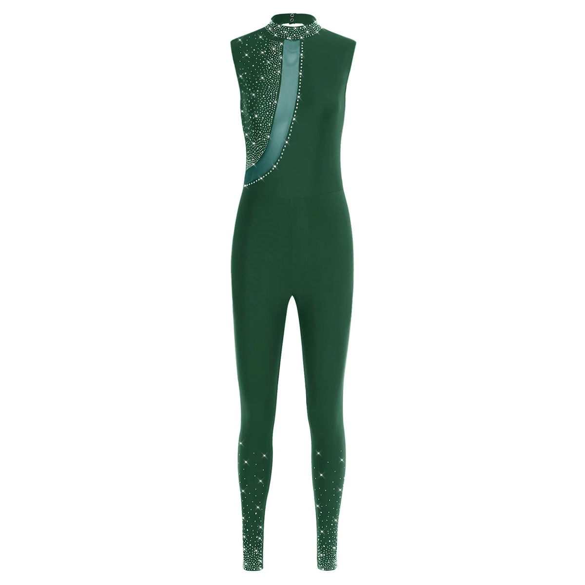 Women's Rhinestone Gymnastics Unitard | Mesh Patchwork & Asymmetric Shoulder | Performance Jumpsuit