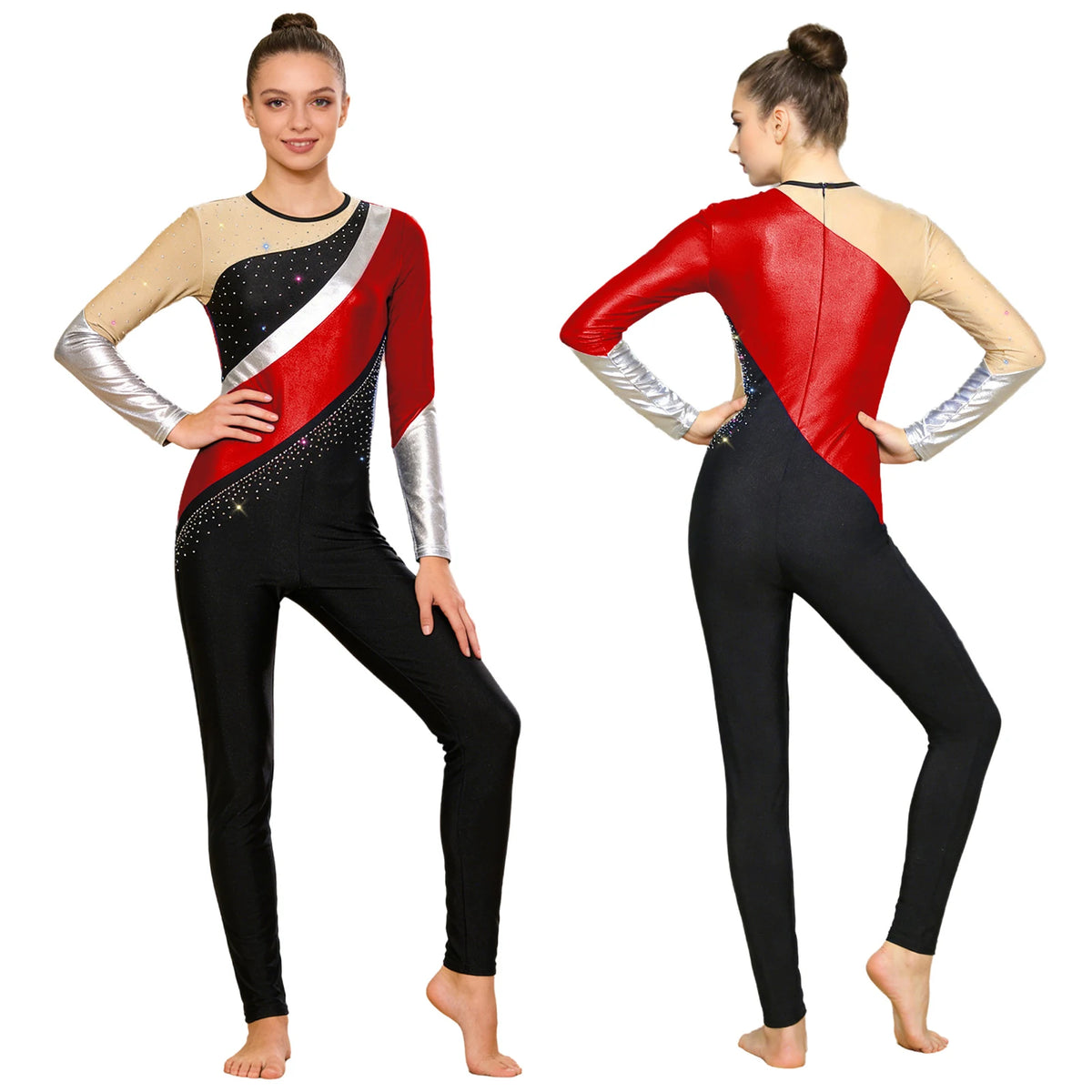 Color Block Metallic Unitard | Long Sleeve Rhinestone | Back Zip | Gymnastics Performance