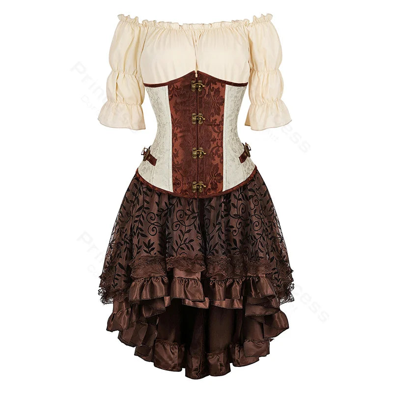 Steampunk Corset Dress Set | Off-Shoulder Blouse & Skirt | S-XXL