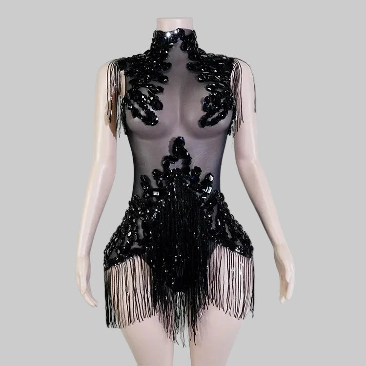 Sexy Mesh Sheer Black Rhinestone Bodysuit