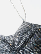 Glitter Rhinestone Fishnet Crop Top - Mesh V-Neck Festival Tank