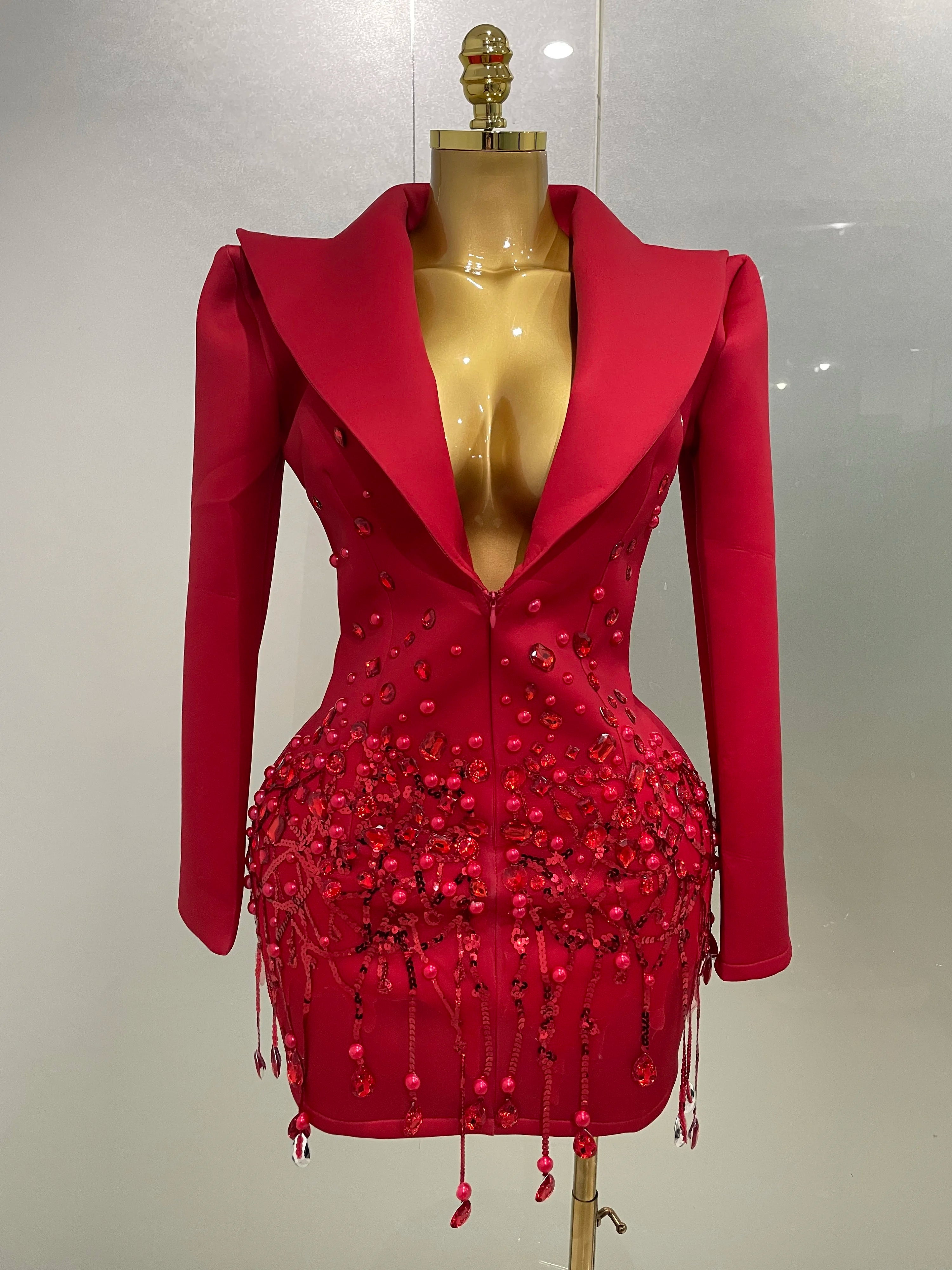 Deep V Blazer Mini Dress | Crystal Fringe Hem | Long Sleeve