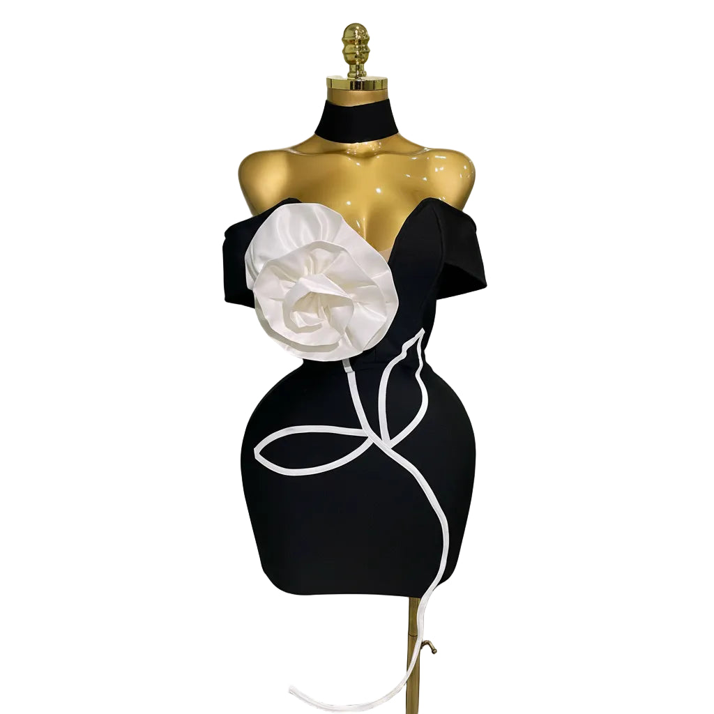 Off-Shoulder Bandage Mini Dress | 3D Rose Appliqué | Black