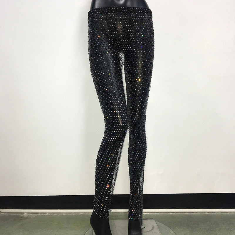 Rhinestone Fishnet Wide Leg Pants - Sheer Mesh Trousers