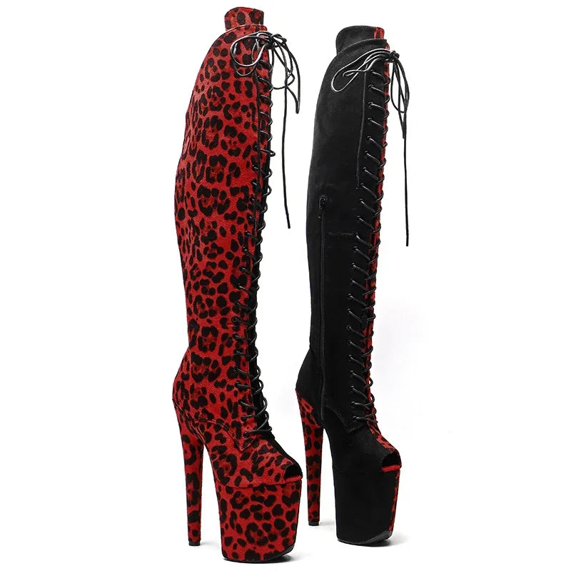 8-Inch Leopard Print Platform Boots - Thigh-High Suede Dance Boots