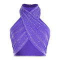 Women's Rhinestone Cross-Halter Dance Crop Top | Backless & Ruched Mesh | Latin & Salsa