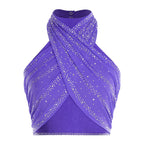 Women's Rhinestone Cross-Halter Dance Crop Top | Backless & Ruched Mesh | Latin & Salsa