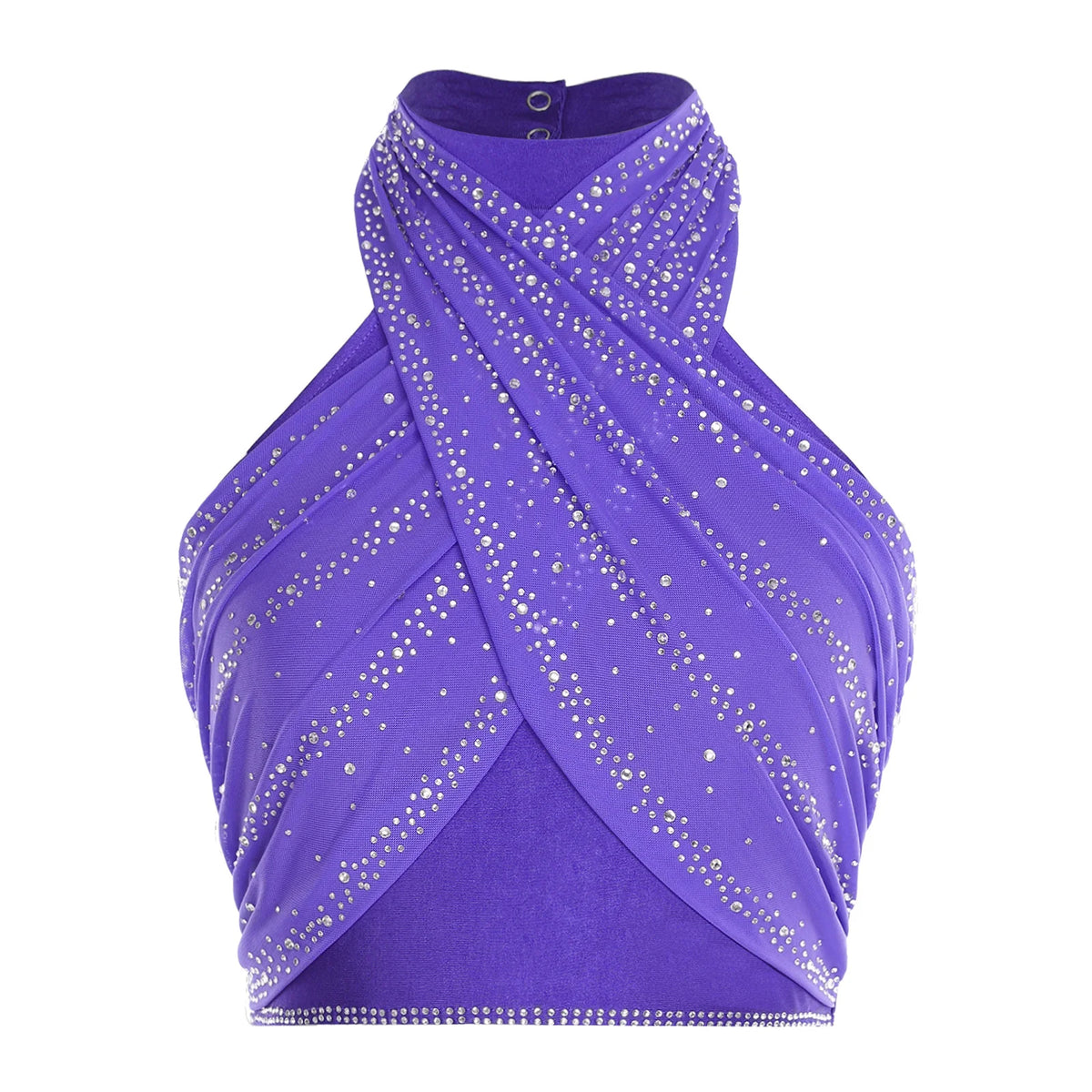 Women's Rhinestone Cross-Halter Dance Crop Top | Backless & Ruched Mesh | Latin & Salsa