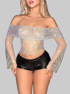 Diamond Mesh Off-Shoulder Long Sleeve Crop Top