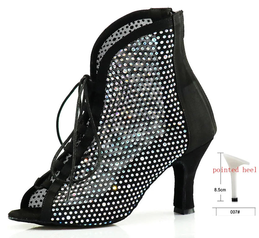 Rhinestone Latin Dance Boots | Black Mesh & Satin | Cuban Heel