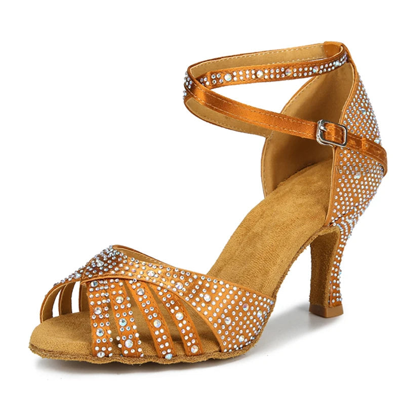 Rhinestone Latin Dance Sandal | Satin | 7.5cm Cuban Heel