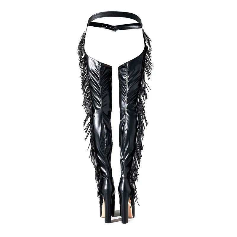 Rhinestone & Tassel Over-the-Knee Platform Boots | 15cm Block Heel | Black