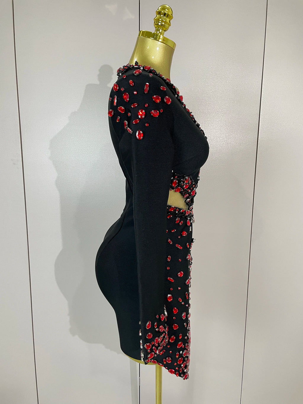 Rhinestone Trim Bandage Mini Dress | Long Sleeve | V-Neck