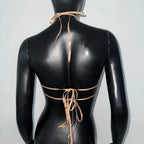 Metal Sequin Tassel Halter Crop Top - Backless Bandage Camisole