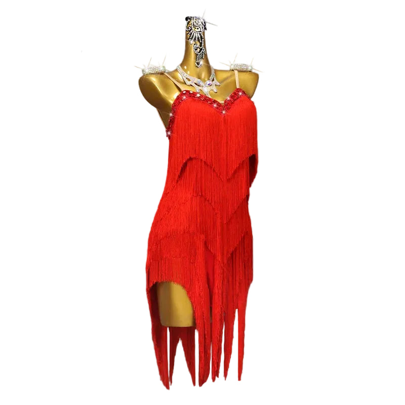 Red Latin Dance Dress – Rhinestone Crystal Tassel Performance Gown