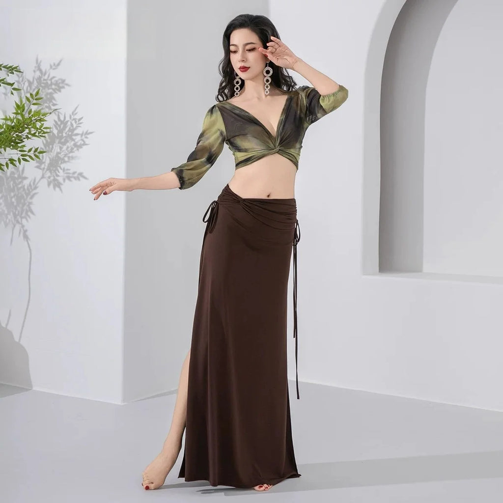 Belly Dance Costume | Floral Lantern Sleeve Top & Skirt Set