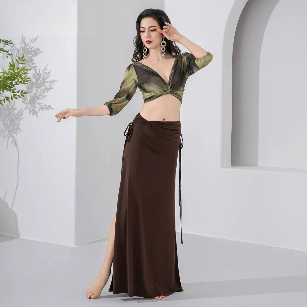 Belly Dance Costume | Floral Lantern Sleeve Top & Skirt Set