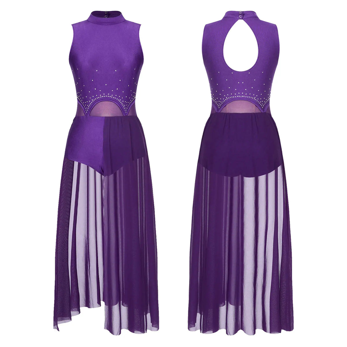 Women's Rhinestone One-Shoulder Lyrical Dance Dress | Flared Sleeve & Open-Front Mesh Maxi Skirt