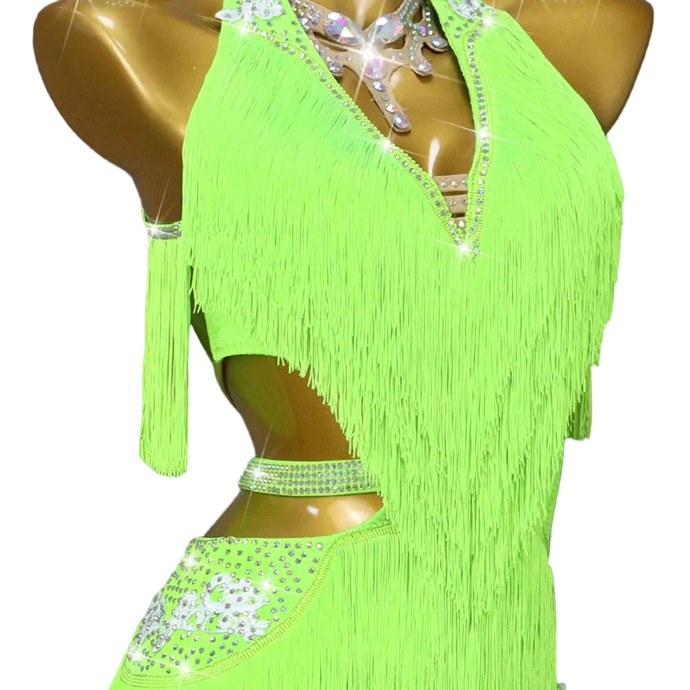 Latin Samba Cabaret Dance Dress – Rhinestone Tassel Floral Stage Costume