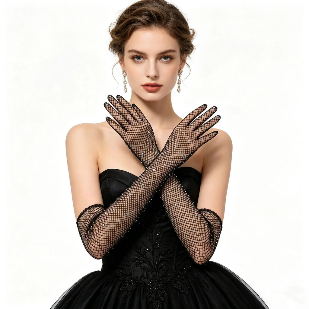 Fishnet Opera Gloves | Rhinestone Stretch