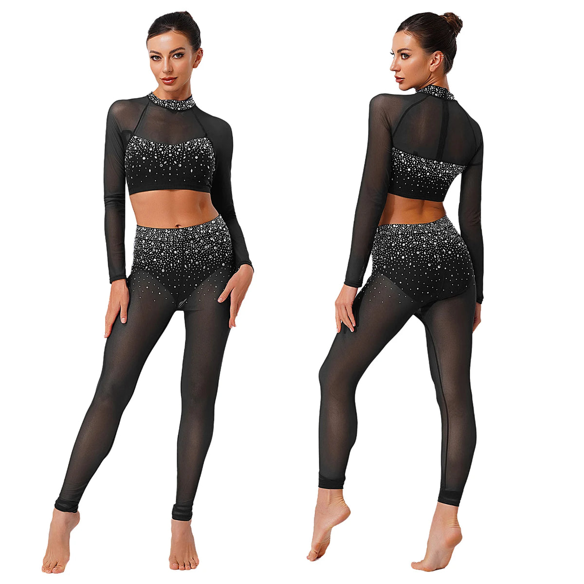 Dance Set | Rhinestone Crop Top & Leggings | Long Sleeve