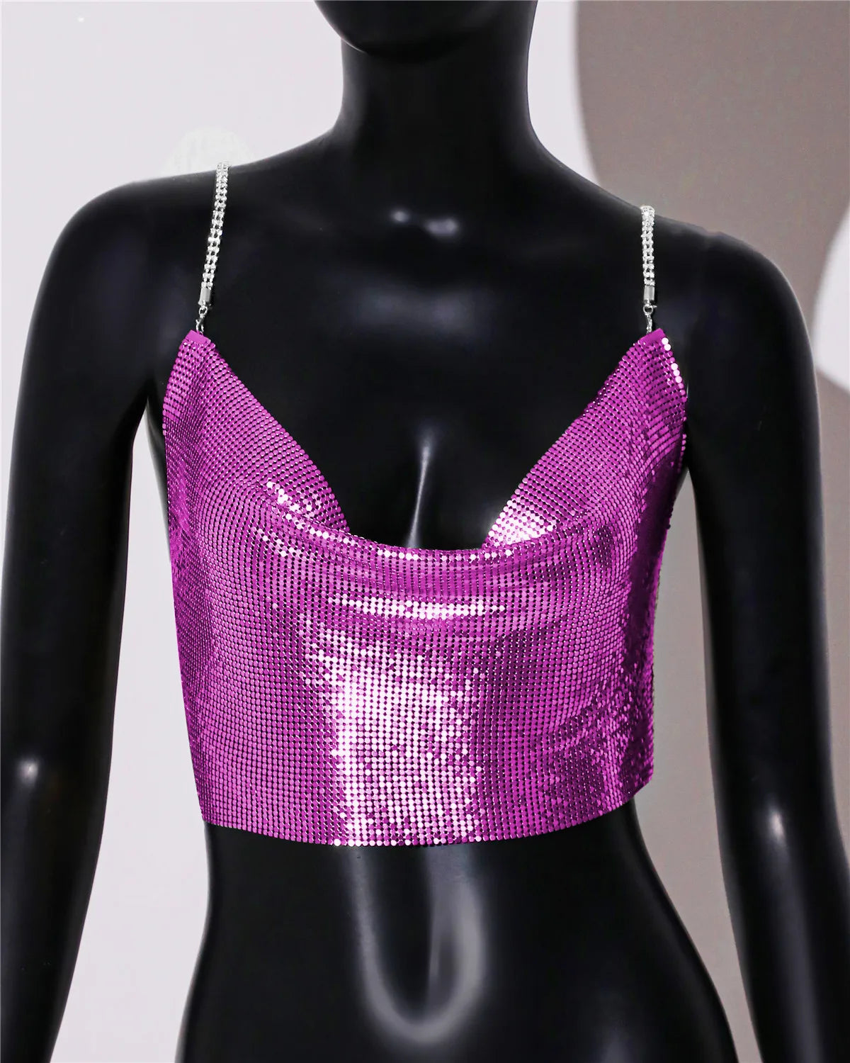 Metal Sequin Rhinestone Chain Crop Top - Deep V Backless Tank