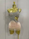 Rhinestone Mesh Bodysuit & Tassel Skirt Set | With Gloves | S–XL