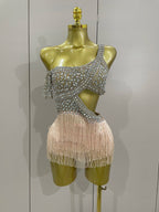 Rhinestone Mesh Bodysuit & Tassel Skirt Set | With Gloves | S–XL