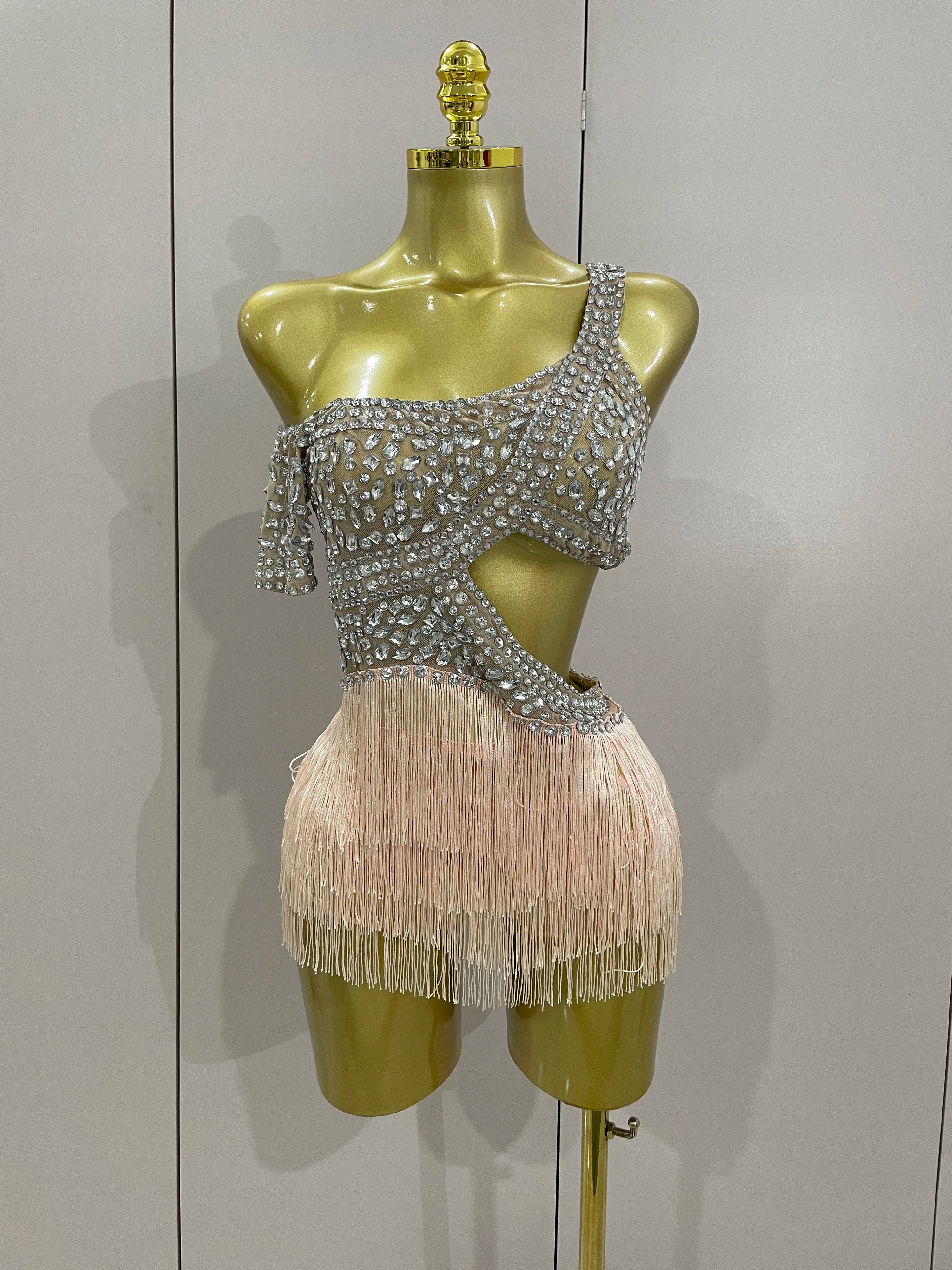 Rhinestone Mesh Bodysuit & Tassel Skirt Set | With Gloves | S–XL
