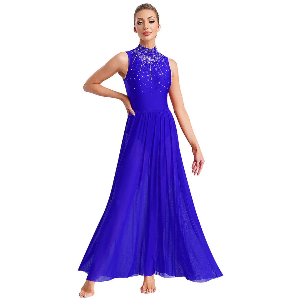 Women's Rhinestone Halter Lyrical Dance Dress | Irregular Mesh Ruffle Hem | Competition & Performance