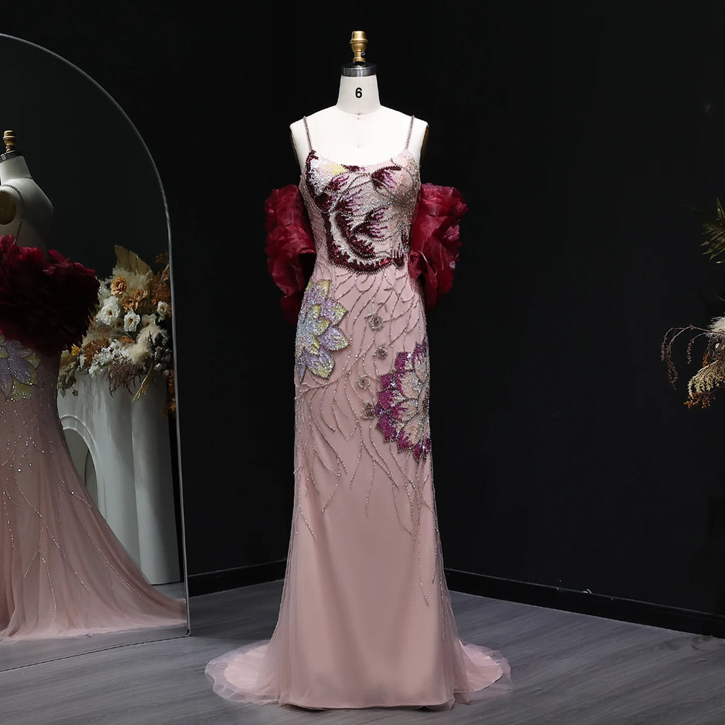 Pink Floral Beaded Mermaid Pageant Gown | Burgundy Cape