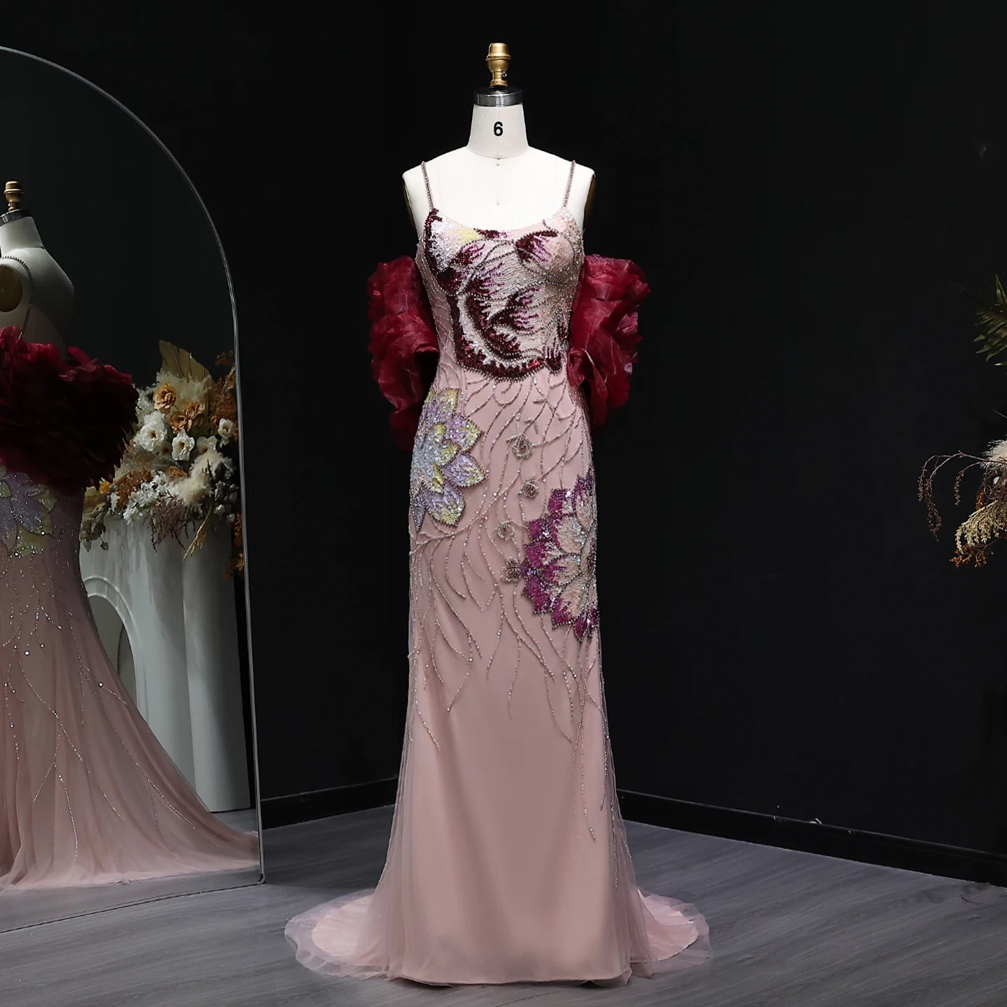 Pink Floral Beaded Mermaid Pageant Gown | Burgundy Cape