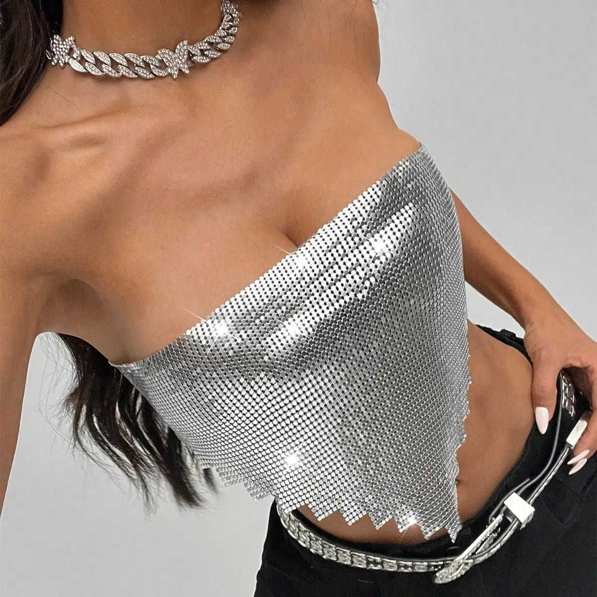 Metal Sequin Backless Bandage Crop Top - Strapless Party Top