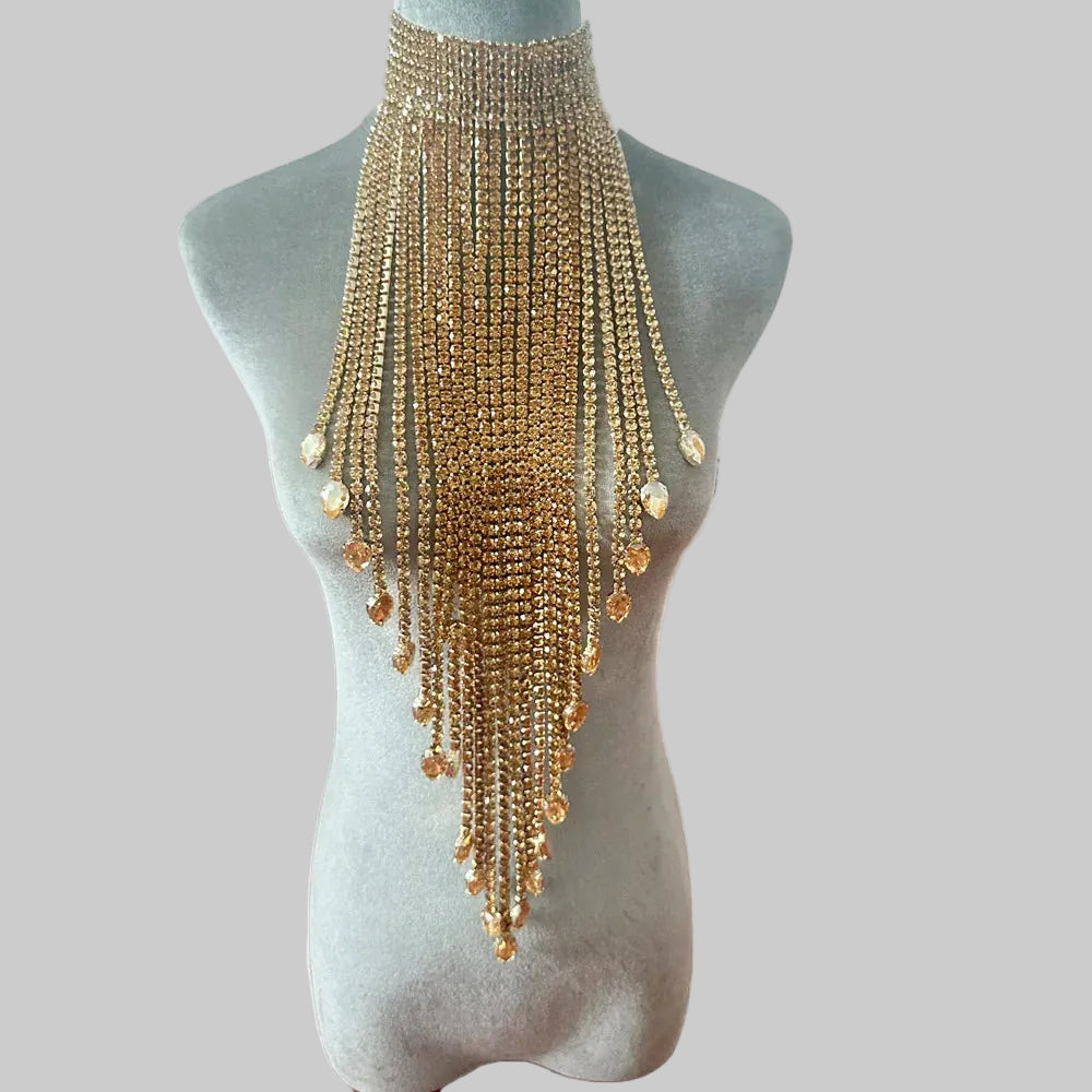 Rhinestone Choker Necklace - Long Tassel Crystal Statement Necklace