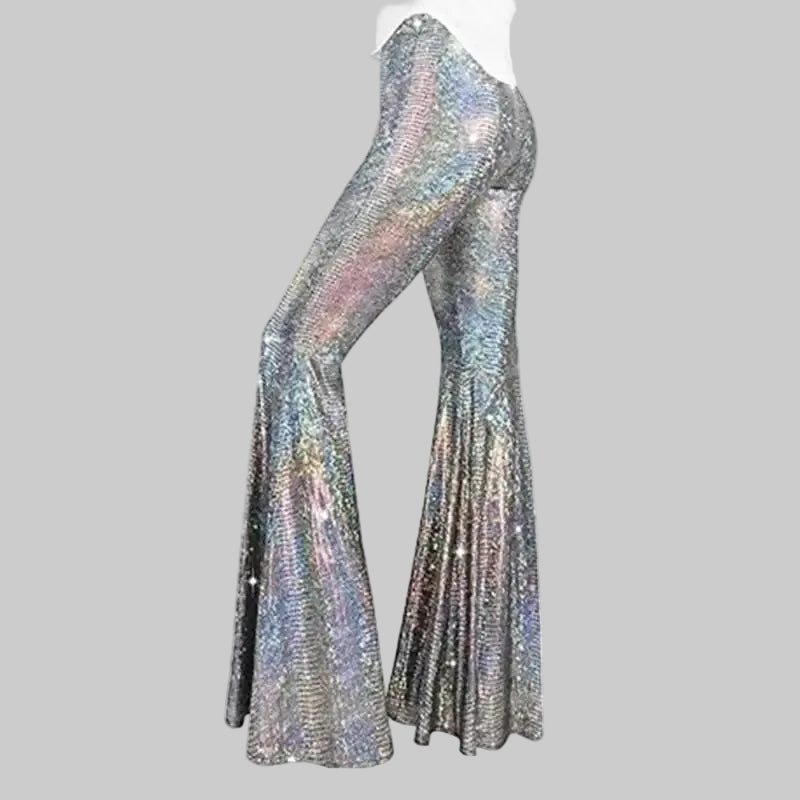 Sequin Bell-Bottom Performance Pants - High Waist Disco Flare Trousers