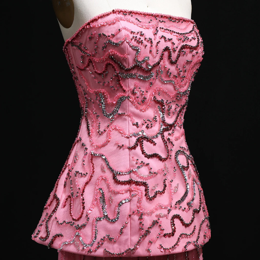 Two-Piece Peplum Gown | Beaded Strapless | Blue & Rose Pink