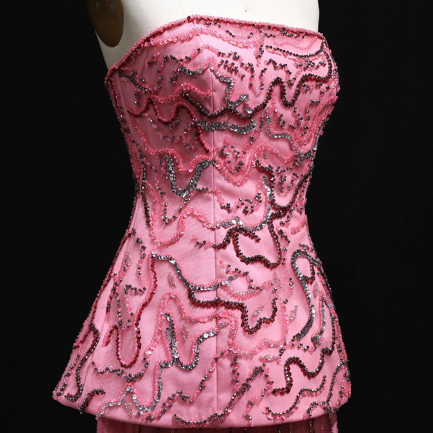 Two-Piece Peplum Gown | Beaded Strapless | Blue & Rose Pink