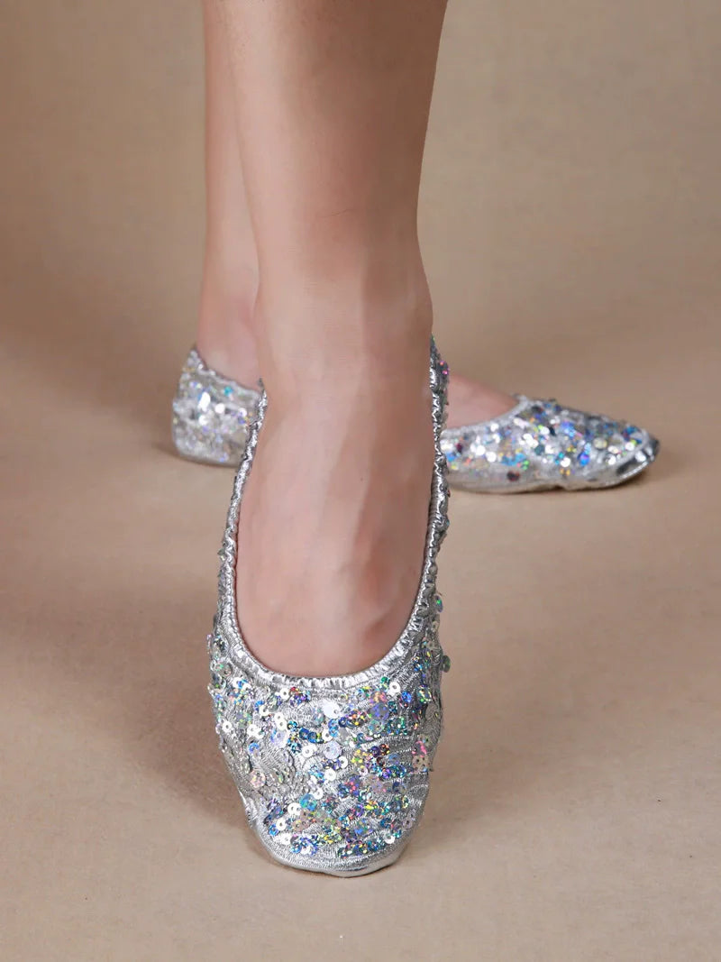 Sequin Belly Dance Slippers | Flat Soft Sole | Gold & Silver
