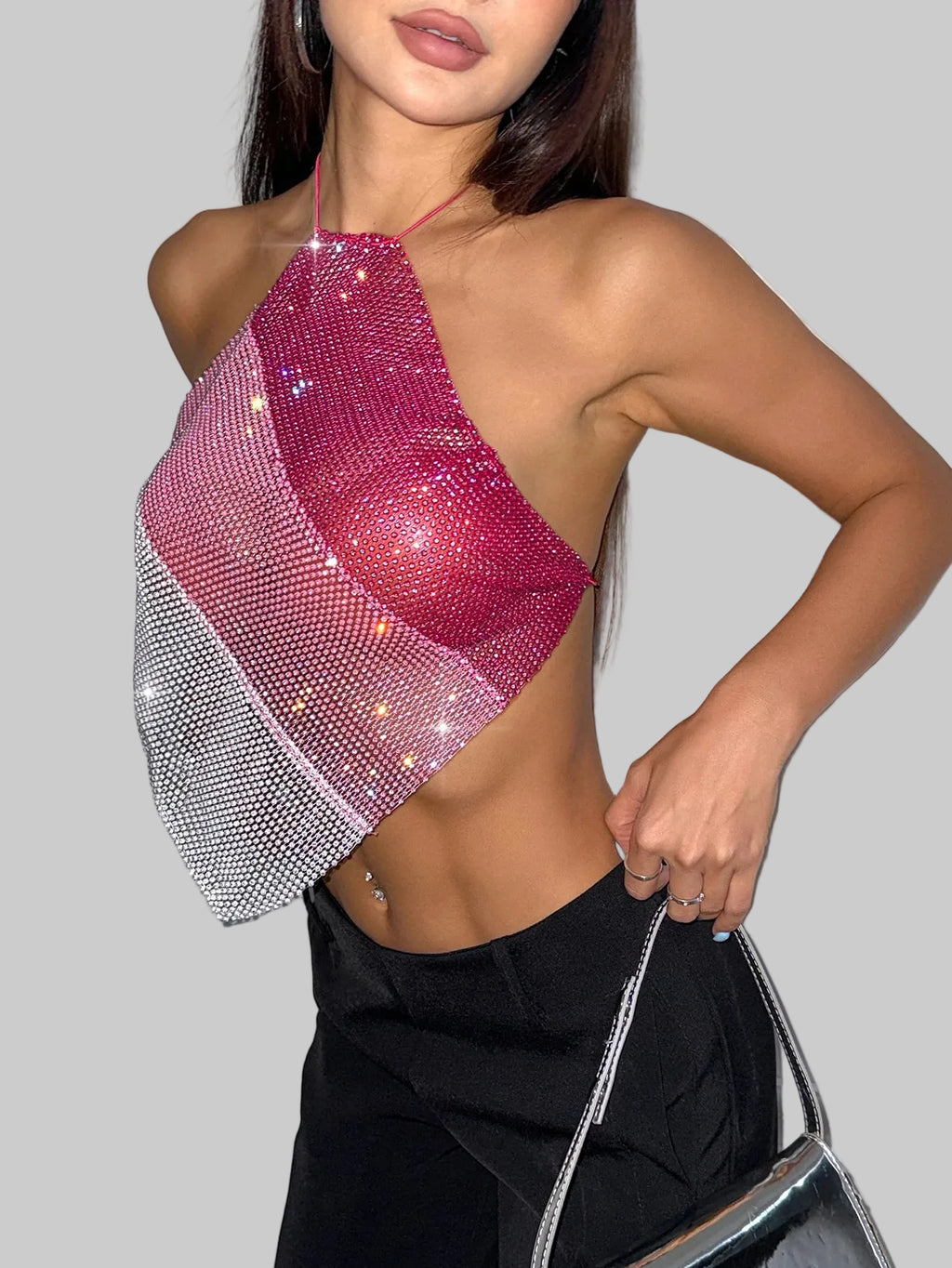 Glitter Diamond Fishnet Halter Crop Top - Sheer Backless Tank